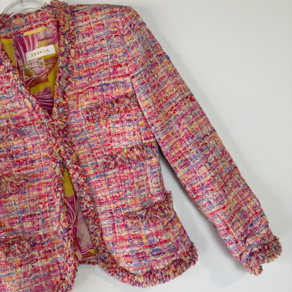 Escada Tweed Blazer Womens 36 Multi Pink Fringed Wool Silk Lined Jacket - Picture 4 of 16